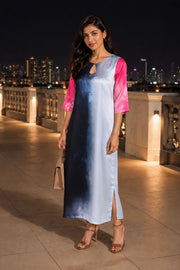 Ice Blue Printed Vegan Charmeuse Silk Dress 10077267