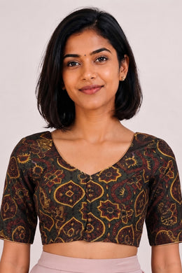 Green Hand Block Ajrakh Printed Cotton Blouse 10074447