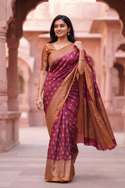 Crimson Wine Maroon Handloom Banarasi Muga Silk Saree 10074272