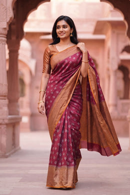 Crimson Wine Maroon Handloom Banarasi Muga Silk Saree 10074272