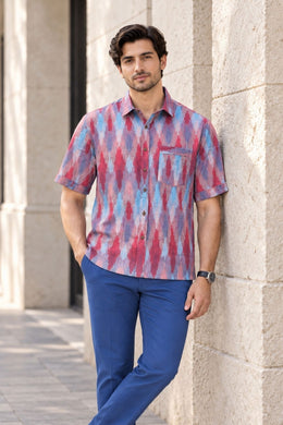 Blue Half Sleeve Handloom Ikat Cotton Men's Shirt 10077855