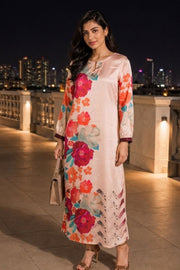 Peach Printed Vegan Charmeuse Silk Dress 10077281