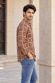 Brown Full Sleeve Kalamkari Print Raglan Men's Shirt 10077846 