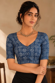 Blue Indigo Hand Block Printed Cotton Blouse 10078129