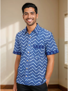 Indigo Handblock Print Pre-Washed Pure Cotton Shirt 10074397