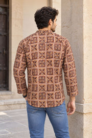 Brown Full Sleeve Kalamkari Print Raglan Men's Shirt 10077846
