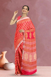Orange Hand Block Printed Linen Saree 10064445