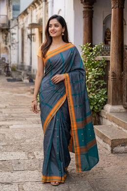 Peacock Blue Handloom Chettinad Cotton Saree 10077325