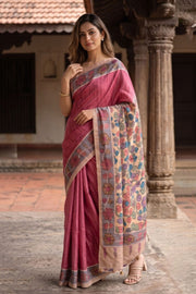 Red Kalamkari Printed Semi Tussar Silk Saree With Floral Motifs And Floral Border 10076276