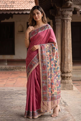 Red Kalamkari Printed Semi Tussar Silk Saree With Floral Motifs And Floral Border 10076276