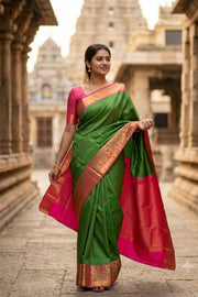 Green Kanjivaram Pure Silk Saree With Peacock Border 10077918