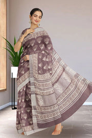 Brown Hand Block Printed Linen Saree 10066386