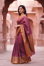 Crimson Wine Maroon Handloom Banarasi Muga Silk Saree 10074272