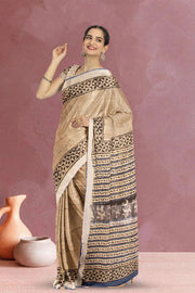 Beige Hand Block Printed linen saree 10070883