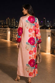 Peach Printed Vegan Charmeuse Silk Dress 10077281