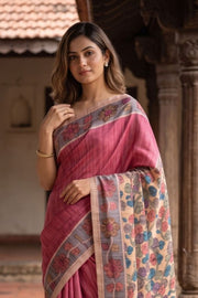 Red Kalamkari Printed Semi Tussar Silk Saree With Floral Motifs And Floral Border 10076276