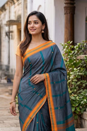 Peacock Blue Handloom Chettinad Cotton Saree 10077325