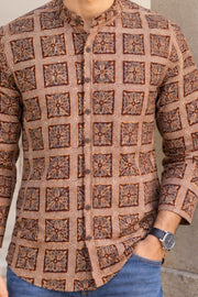 Brown Full Sleeve Kalamkari Print Raglan Men's Shirt 10077846