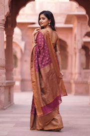 Crimson Wine Maroon Handloom Banarasi Muga Silk Saree 10074272