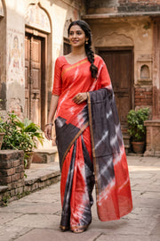Orange Shibori Dye Semi Tussar Saree 10078220