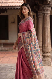 Red Kalamkari Printed Semi Tussar Silk Saree With Floral Motifs And Floral Border 10076276