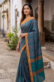 Peacock Blue Handloom Chettinad Cotton Saree 10077325