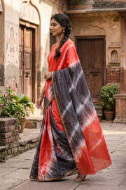 Orange Shibori Dye Semi Tussar Saree 10078220