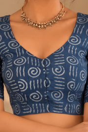 Blue Indigo Hand Block Printed Cotton Blouse 10078129