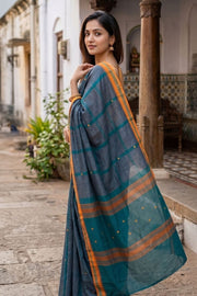Peacock Blue Handloom Chettinad Cotton Saree 10077325