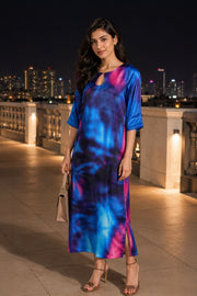Blue Printed Vegan Charmeuse Silk Dress 10077266
