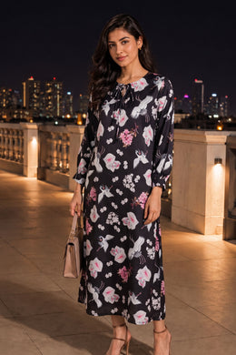 Black Printed Vegan Charmeuse Silk Dress 10074057