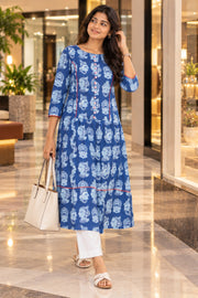 Blue Hand Block Printed Cotton Kurta 10075945