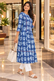 Blue Hand Block Printed Cotton Kurta 10078200