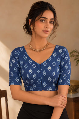 Blue Indigo Hand Block Printed Cotton Blouse 10078127