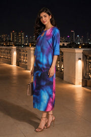 Blue Printed Vegan Charmeuse Silk Dress  10073750