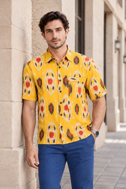 Yellow Half Sleeve Handloom Ikat Cotton Men's Shirt 10077858