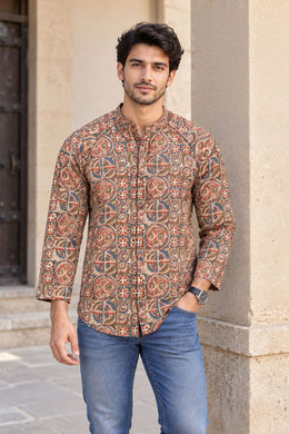 Beige Full Sleeve Kalamkari Print Raglan Men's Shirt 10077848 