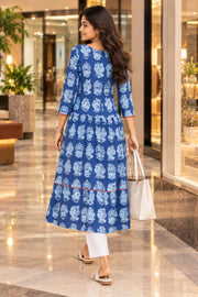Blue Hand Block Printed Cotton Kurta 10078200
