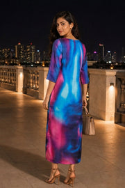 Blue Printed Vegan Charmeuse Silk Dress  10073750
