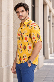Yellow Half Sleeve Handloom Ikat Cotton Men's Shirt 10077858