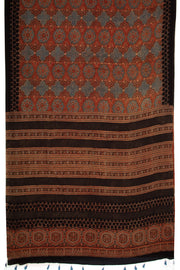 Multi Color Ajrakh Printed Mulmul Cotton Saree With Geometric Border 10076529