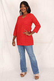 Reddish Pink Kutchi Hand Block Printed Cotton Kurti 10071533