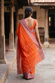 Orange Vegan Silk Kanjivaram Saree with Stripe Design 10077933