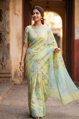 Green Handloom Printed Chanderi Saree 10071054