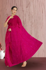 Pink Handloom Jamdani Style Cotton Saree with Blouse 10074212