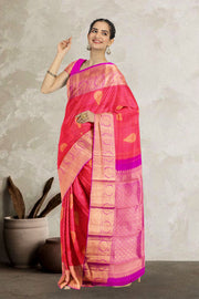 Pink Shot Orange Jacquard Pure Zari Kanjivaram Silk Saree 10063079