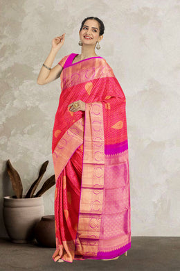 Pink Shot Orange Jacquard Pure Zari Kanjivaram Silk Saree 10063079