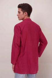 Maroon Full Sleeve Slub Cotton Solid Style Men's Kurta 10074255