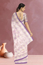 Cream Kalamkari Kantha Printed Malai Cotton Saree 10074905