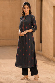 Rustic Black Hand Embroidered Cotton Kurta 10077666